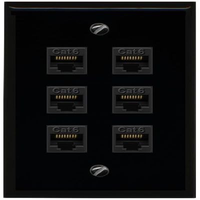 RiteAV - 6 Port Cat6 Ethernet RJ45 Female-Female Wall Plate - Flat [Black/Black]