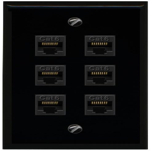 RiteAV - 6 Port Cat6 Ethernet RJ45 Female-Female Wall Plate - Flat [Black/Black]