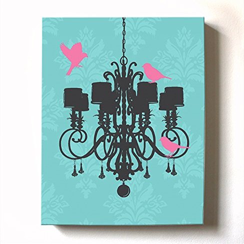 Modern Paris Shabby Chic Chandelier - Paisley & Lovebirds Stretched Canvas Nursery Decor - Wall Art that Makes a Memorable Baby Gift - Wooden Frame Construction - Ready to Hang 8X10