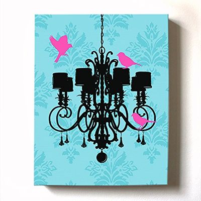 Modern Paris Shabby Chic Chandelier - Paisley & Lovebirds Stretched Canvas Nursery Decor - Wall Art that Makes a Memorable Baby Gift - Wooden Frame Construction - Ready to Hang 10X12