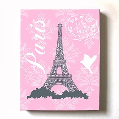 Modern Paris Eiffel Tower - Unique Paisley & Lovebirds Stretched Canvas Nursery Decor - Wall Art that Makes a Memorable Baby Gift - Wooden Frame Construction - Ready to Hang 20X24