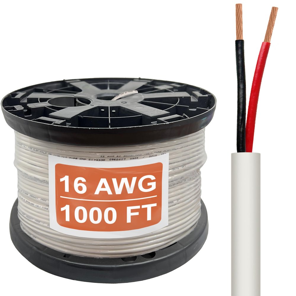 16 Gauge Wire (16 AWG) - 2 Conductor Stranded Copper Unshielded Cable - UL Listed 16/2 Home Electrical Wire - Low Voltage Up to 300V - CMP/CL3P Low Smoke Plenum Jacket - USA Made (1000ft)