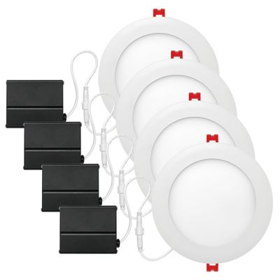 Globe Electric 91126 6" Ultra Slim LED Integrated Recessed Lighting Kit, 4-Pack, 12 Watts, Energy Star, Dimmable Lights, Wet and IC Rated, White Finish, 6.31" Hole Size, Home Renovation