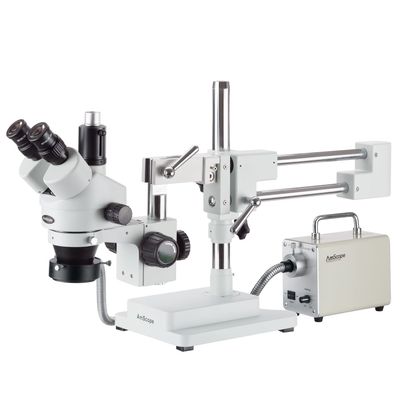 AmScope 7X-90X Simul-Focal Trinocular Boom Stereo Microscope with LED Fiber Optic Ring Light