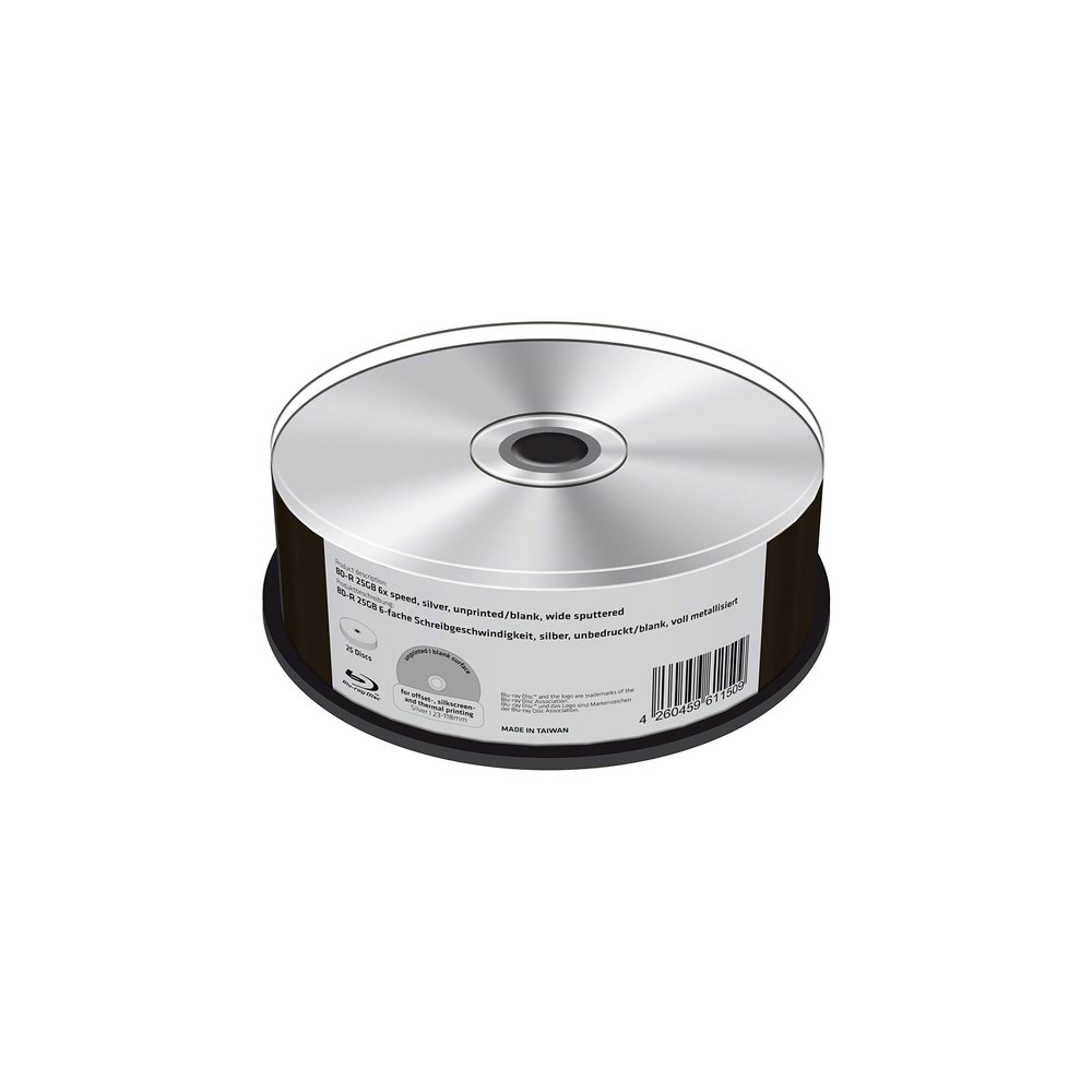 BD-R 25GB 6X Write Speed, Silver, Blank/Blank Fully Metallised, 25 Piece Cake Box