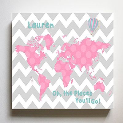 Dr Seuss, Personalized Canvas Nursery Chevron World Map, Customized Baby Name Wall Art Decor, Unique Educational Painting, Memorable Boys & Girls Gift, Giclee Print Stretched on Wood Frame 8X10