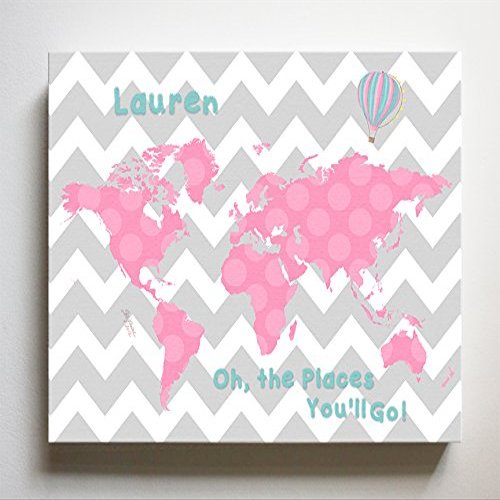 Dr Seuss, Personalized Canvas Nursery Chevron World Map, Customized Baby Name Wall Art Decor, Unique Educational Painting, Memorable Boys & Girls Gift, Giclee Print Stretched on Wood Frame 8X10