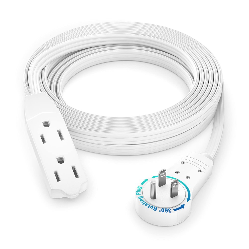 Maximm Cable 12 Ft 360 Rotating Flat Plug Extension Cord, 16/3 AWG Multi 3 Outlet 3-Prong Grounded Wire- White - UL Certified