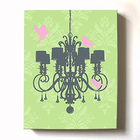 Modern Paris Shabby Chic Chandelier - Paisley & Lovebirds Stretched Canvas Nursery Decor - Wall Art that Makes a Memorable Baby Gift - Wooden Frame Construction - Ready to Hang 11X14