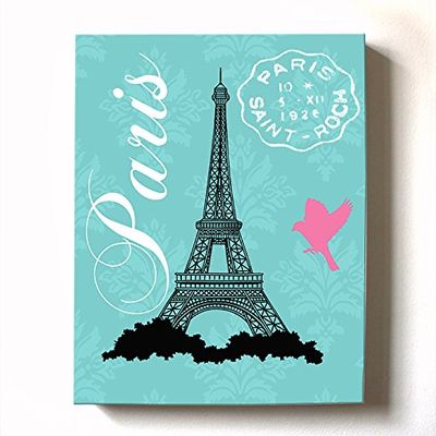 Modern Paris Eiffel Tower - Unique Paisley & Lovebirds Stretched Canvas Nursery Decor - Wall Art that Makes a Memorable Baby Gift - Wooden Frame Construction - Ready to Hang 8X10