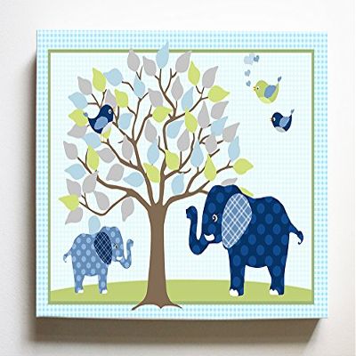 Whimsical Elephant & Lovebirds Garden - Checkerboard Stretched Canvas Nursery Decor - Wall Art that Makes a Memorable Baby Gift Idea - Wooden Frame Construction - Ready to Hang 16X20