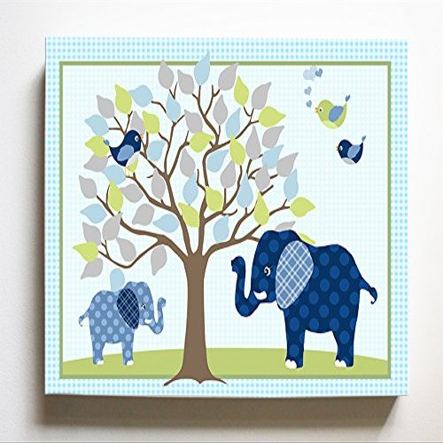 Whimsical Elephant & Lovebirds Garden - Checkerboard Stretched Canvas Nursery Decor - Wall Art that Makes a Memorable Baby Gift Idea - Wooden Frame Construction - Ready to Hang 16X20