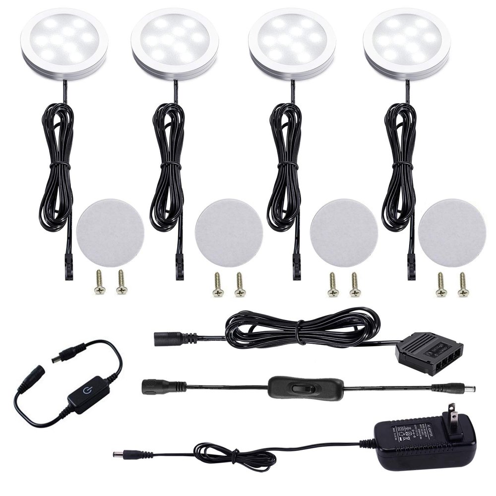 AIBOO Under Cabinet LED Puck Lights Kit with Touch Dimming Switch for Ambiance Atmosphere Night Lighting (4 Lights,Daylight White)