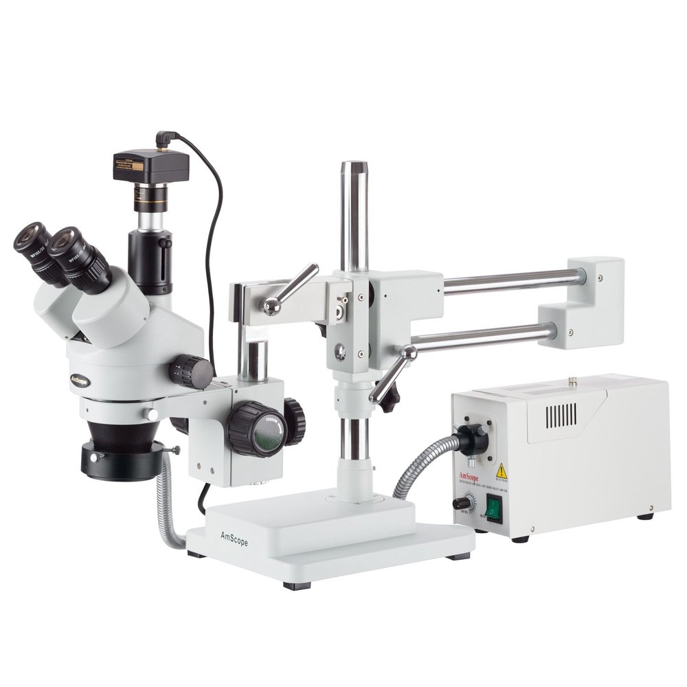 AmScope 3.5X-180X Trinocular Fiber Optic Boom Stereo Microscope and 5MP Camera