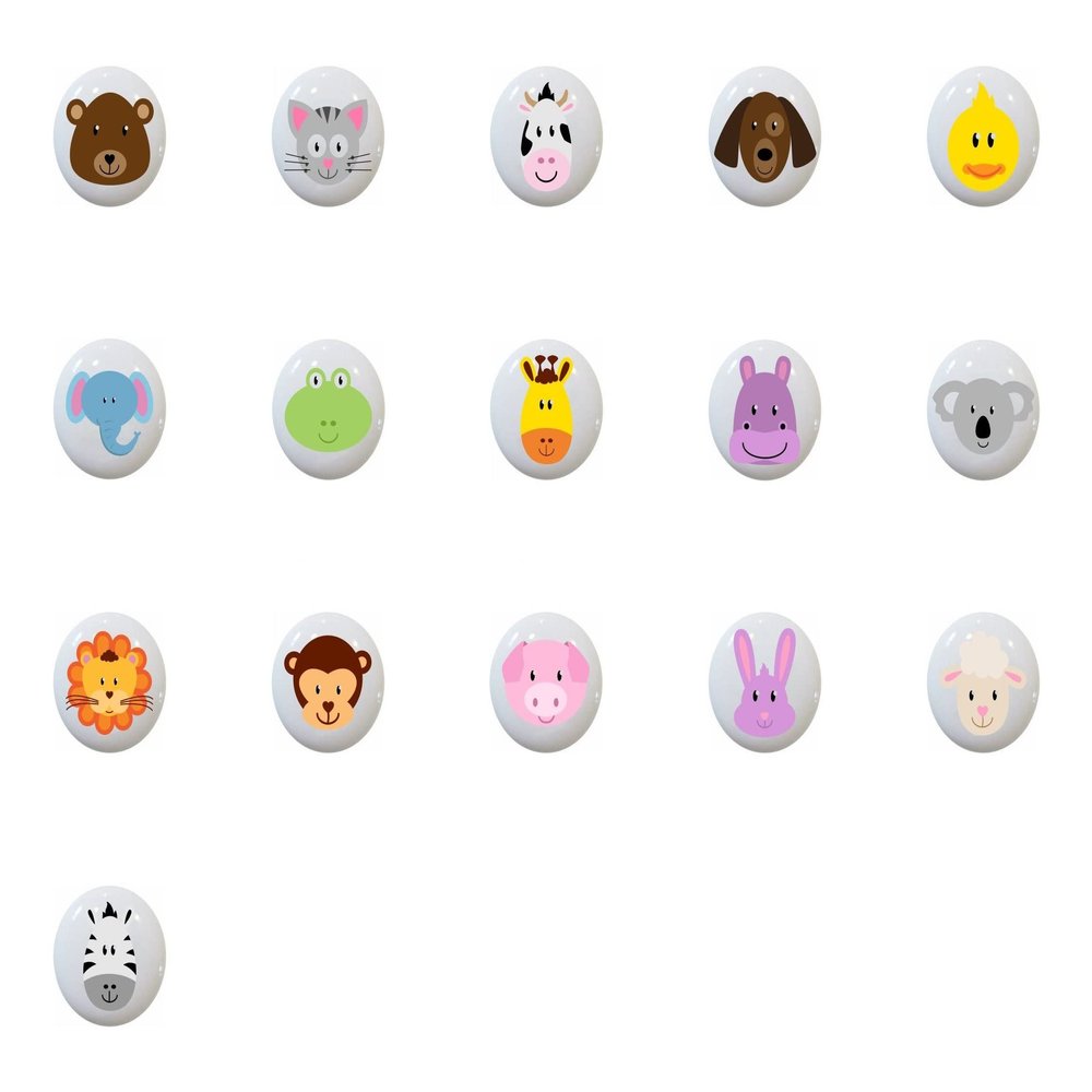 SET OF 16 KNOBS - Zoo Animal Faces by PP - DECORATIVE Ceramic Dresser Drawer PULLS Cabinet Cupboard KNOBS