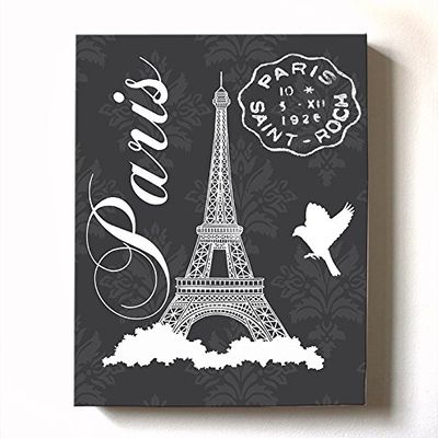 Modern Paris Eiffel Tower - Unique Paisley & Lovebirds Stretched Canvas Nursery Decor - Wall Art that Makes a Memorable Baby Gift - Wooden Frame Construction - Ready to Hang 11X14