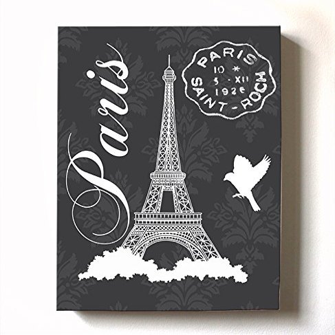 Modern Paris Eiffel Tower - Unique Paisley & Lovebirds Stretched Canvas Nursery Decor - Wall Art that Makes a Memorable Baby Gift - Wooden Frame Construction - Ready to Hang 11X14