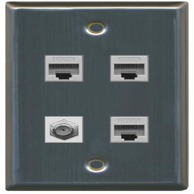 RiteAV 1 Port Coax Cable TV- F-Type 3 Port Cat6 Ethernet Wall Plate - Stainless Steel