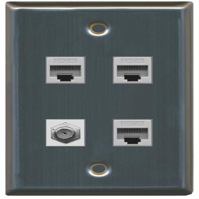 RiteAV 1 Port Coax Cable TV- F-Type 3 Port Cat6 Ethernet Wall Plate - Stainless Steel