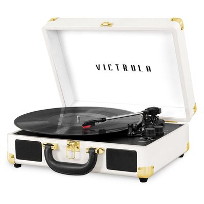 Victrola Journey Bluetooth Portable Suitcase Record Player  with Built-in Speakers, 3 Speed Vinyl Record Player, RCA Out, Headphone Jack (White)
