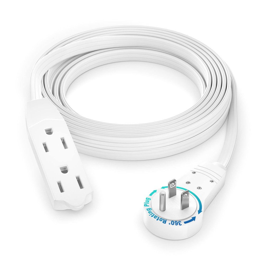 Maximm Cable 10 Ft 360 Rotating Flat Plug Extension Cord/Wire, 16 AWG Multi 3 Outlet Extension Wire, 3 Prong Grounded Wire - White - UL Certified