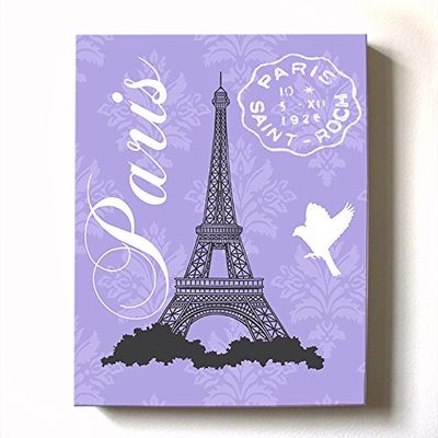 Modern Paris Eiffel Tower - Unique Paisley & Lovebirds Stretched Canvas Nursery Decor - Wall Art that Makes a Memorable Baby Gift - Wooden Frame Construction - Ready to Hang 20X24