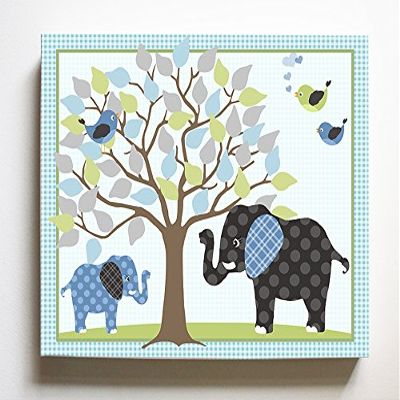 Whimsical Elephant & Lovebirds Garden - Checkerboard Stretched Canvas Nursery Decor - Wall Art that Makes a Memorable Baby Gift Idea - Wooden Frame Construction - Ready to Hang 8X10