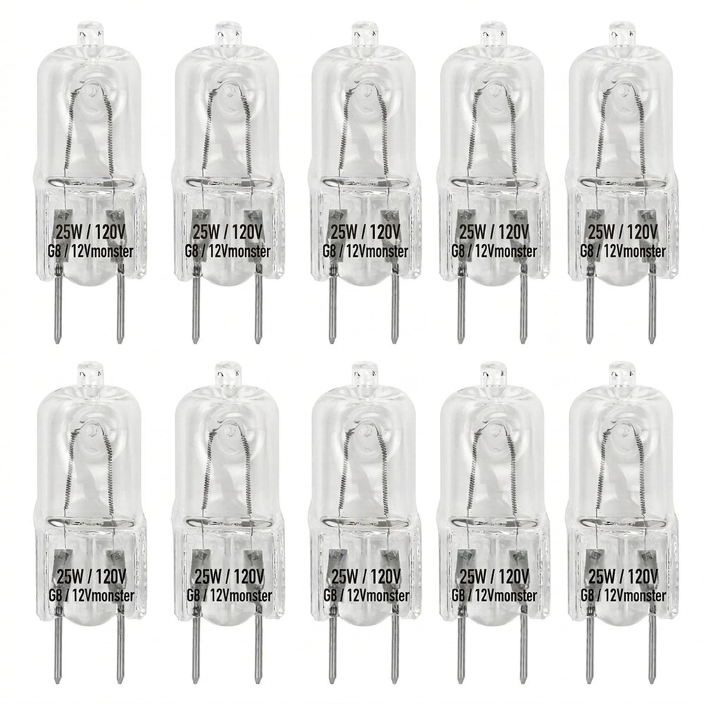 12Vmonster 10 Pack-G8 25W 120V Halogen Specialty Lighting Light Bulbs JCD Type 110v 130v 25 Watt T4 G8 Puck Lamp Microwave Oven Stove Top Kitchen Appliance Replacement Lighting Bi Pin Clear Lens