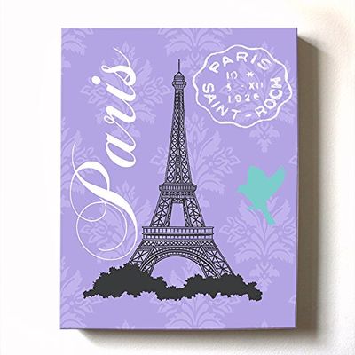 Modern Paris Eiffel Tower - Unique Paisley & Lovebirds Stretched Canvas Nursery Decor - Wall Art that Makes a Memorable Baby Gift - Wooden Frame Construction - Ready to Hang 24X30