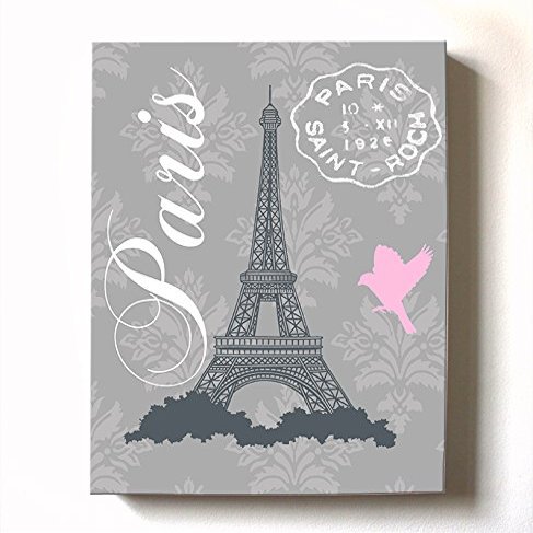 Modern Paris Eiffel Tower - Unique Paisley & Lovebirds Stretched Canvas Nursery Decor - Wall Art that Makes a Memorable Baby Gift - Wooden Frame Construction - Ready to Hang 8X10