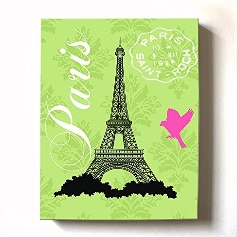 Modern Paris Eiffel Tower - Unique Paisley & Lovebirds Stretched Canvas Nursery Decor - Wall Art that Makes a Memorable Baby Gift - Wooden Frame Construction - Ready to Hang 16X20