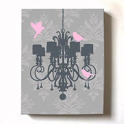 Modern Paris Shabby Chic Chandelier - Paisley & Lovebirds Stretched Canvas Nursery Decor - Wall Art that Makes a Memorable Baby Gift - Wooden Frame Construction - Ready to Hang 10X12