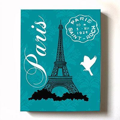 Modern Paris Eiffel Tower - Unique Paisley & Lovebirds Stretched Canvas Nursery Decor - Wall Art that Makes a Memorable Baby Gift - Wooden Frame Construction - Ready to Hang 11X14