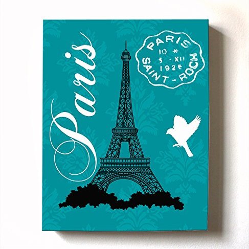 Modern Paris Eiffel Tower - Unique Paisley & Lovebirds Stretched Canvas Nursery Decor - Wall Art that Makes a Memorable Baby Gift - Wooden Frame Construction - Ready to Hang 11X14