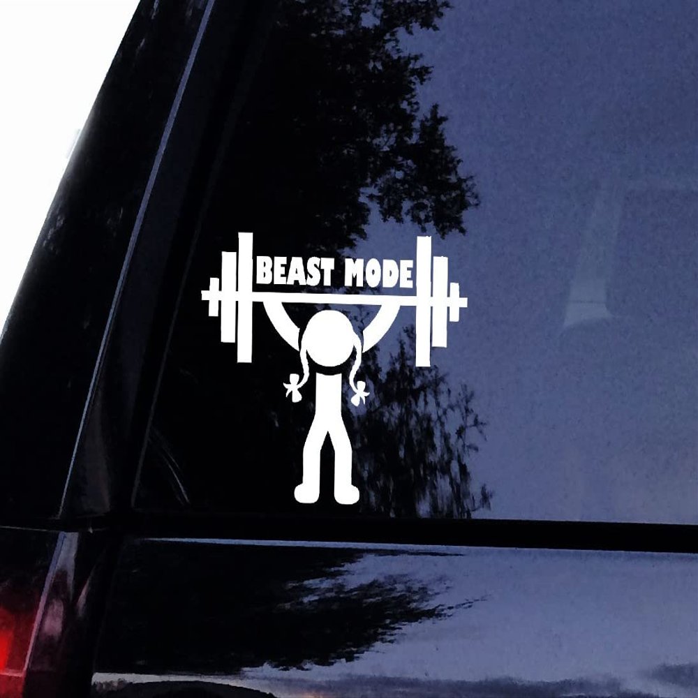 Beast LADY Weightlifter Decal - Vinyl Gym Fitness Weightlifting Barbells Workout Decal, Laptop Decal, Car Window Wall Sticker (10", White)