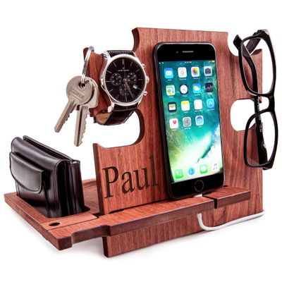 Personalized Docking Station Nightstand Organizer Accessories Essentials Holder Smartphone Support Phone Stand, 5th Traditional for Husband for Men (Mahogany)
