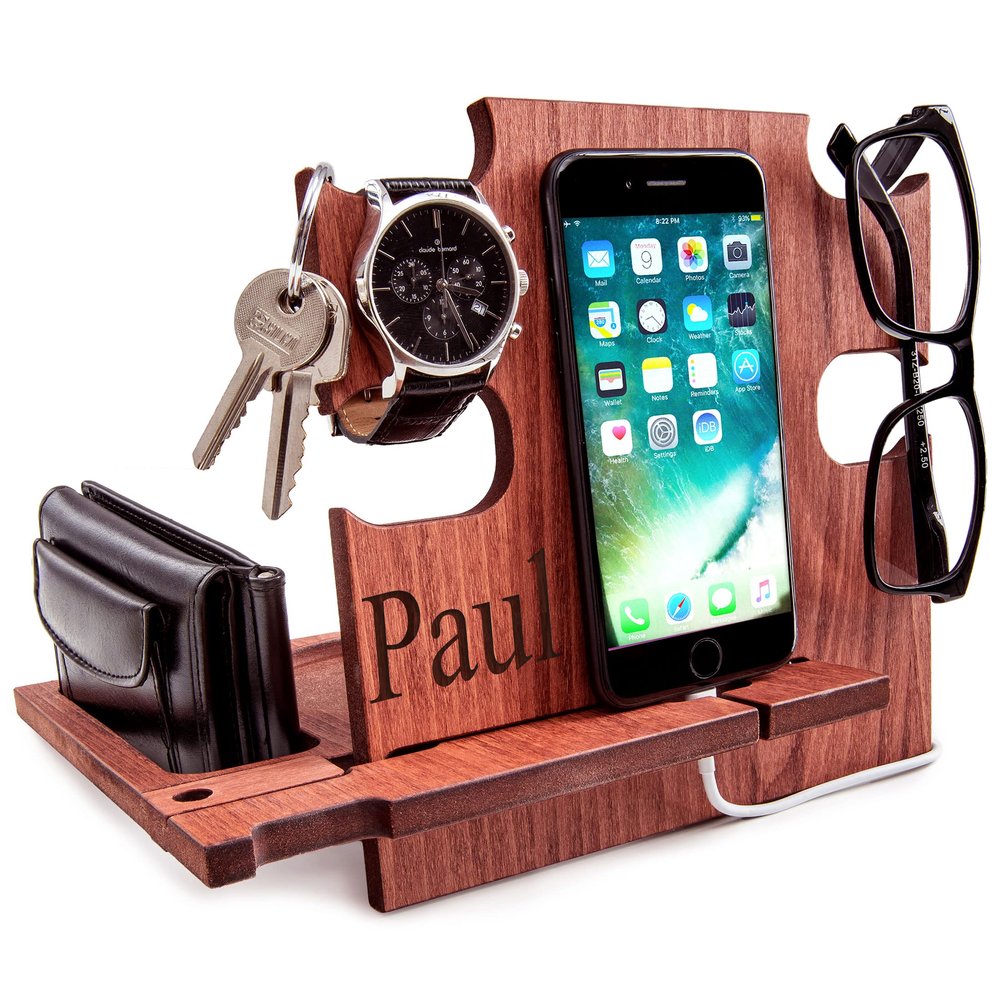 Personalized Docking Station Nightstand Organizer Accessories Essentials Holder Smartphone Support Phone Stand, 5th Traditional for Husband for Men (Mahogany)