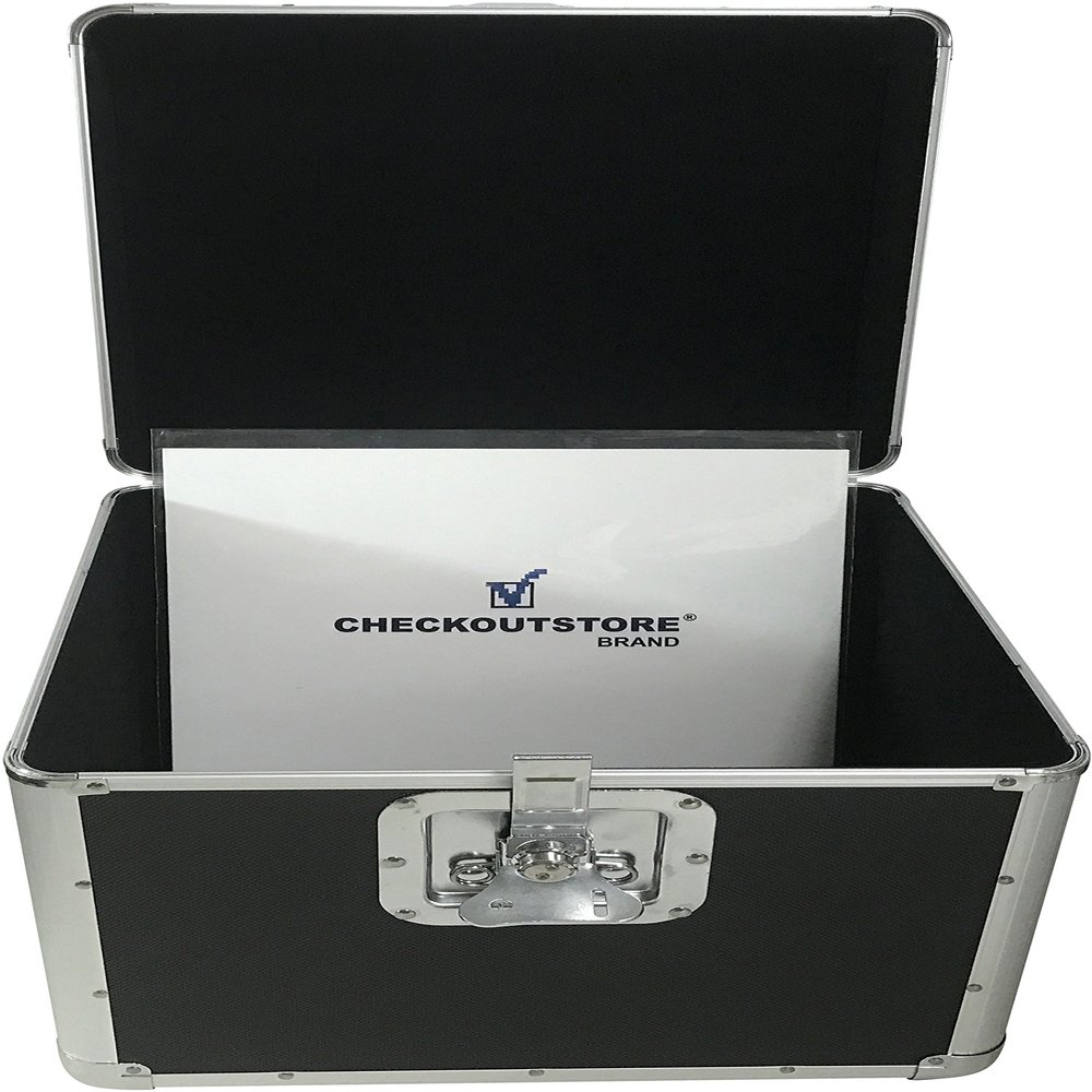 CheckOutStore Black Aluminum 12" LP Vinyl Record Storage Box (Holds Up to 100 Records)