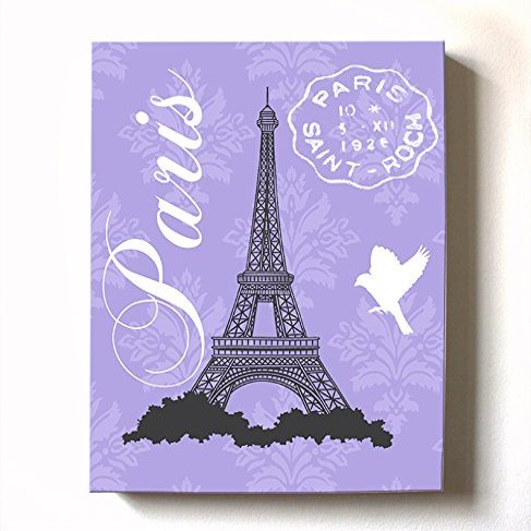 Modern Paris Eiffel Tower - Unique Paisley & Lovebirds Stretched Canvas Nursery Decor - Wall Art that Makes a Memorable Baby Gift - Wooden Frame Construction - Ready to Hang 11X14