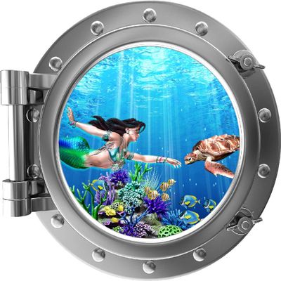 12 inch Porthole Window Wall Sticker Mermaid and Sea Turtle 1 Silver Port Scape Decal Ocean Fantasy Tropical Reef Sea Life Kids Room Decor Peel and Stick Vinyl