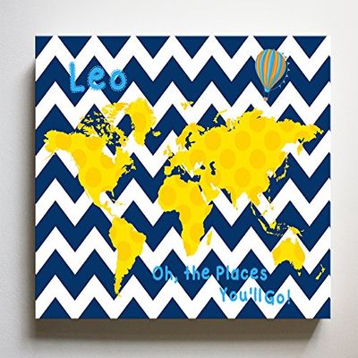 Dr Seuss, Personalized Canvas Nursery Chevron World Map, Customized Baby Name Wall Art Decor, Unique Educational Painting, Memorable Boys & Girls Gift, Giclee Print Stretched on Wood Frame 8X10