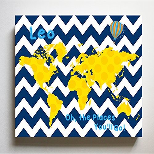Dr Seuss, Personalized Canvas Nursery Chevron World Map, Customized Baby Name Wall Art Decor, Unique Educational Painting, Memorable Boys & Girls Gift, Giclee Print Stretched on Wood Frame 8X10