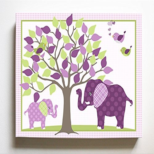 Whimsical Elephant & Lovebirds Garden - Checkerboard Stretched Canvas Nursery Decor - Wall Art that Makes a Memorable Baby Gift Idea - Wooden Frame Construction - Ready to Hang 8X10