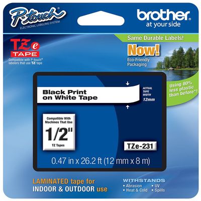 Brother P-Touch Tze231, 1/2" (0.47") Black on White Standard Laminated Tape NuumnhU, 2Pack (26.2 ft)