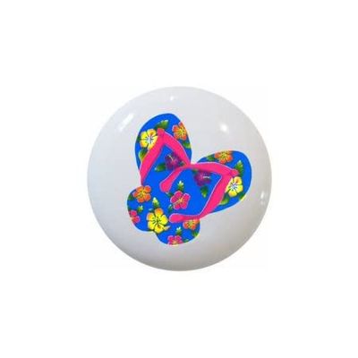 Design #7 Blue Flip Flops - Hawaiian Flip Flops and Hibiscus Flowers - DECORATIVE Glossy CERAMIC Cupboard Cabinet PULLS Dresser Drawer KNOBS
