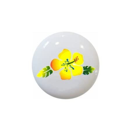 Design #8 Yellow Hibiscus Flower - Hawaiian Flip Flops and Hibiscus Flowers - DECORATIVE Glossy CERAMIC Cupboard Cabinet PULLS Dresser Drawer KNOBS