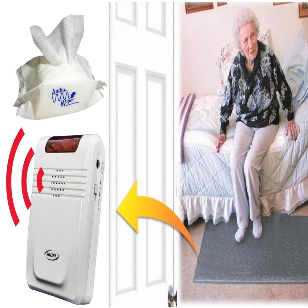 Smart Caregiver Economy Cordless Fall Monitor and Cordless Floor Mat Sensor Bundle with Pouch of 30 Cleaning Wipes
