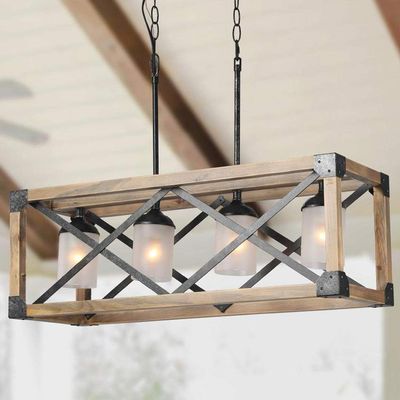 LALUZ Farmhouse Chandelier for Dining Room, Wood Kitchen Island Lighting, 27.5'' L