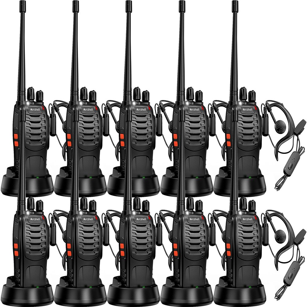 Arcshell Rechargeable Long Range Two-Way Radios with Earpiece 10 Pack Arcshell AR-5 Walkie Talkies Li-ion Battery and Charger Included (10 Pack)