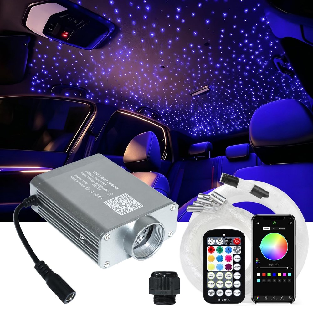 AMKI 16W Starlight Headliner Kit 600pcs 0.03in 9.8ft Twinkle+Sound Activated Fiber Optic Light 4Lamp Beam Starlight Box APP/Remote Control for Car Home Star Ceiling Decoration